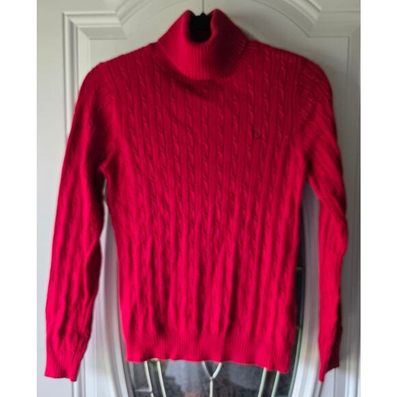 IZOD Red Cable Knit Ribbed Turtle Neck Sweater Size Petite Medium - Picture 1 of 6